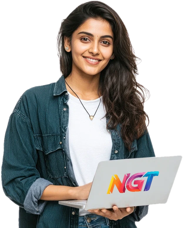 Smiling student holding a laptop with the NGT logo, NextGen Technology Vellore